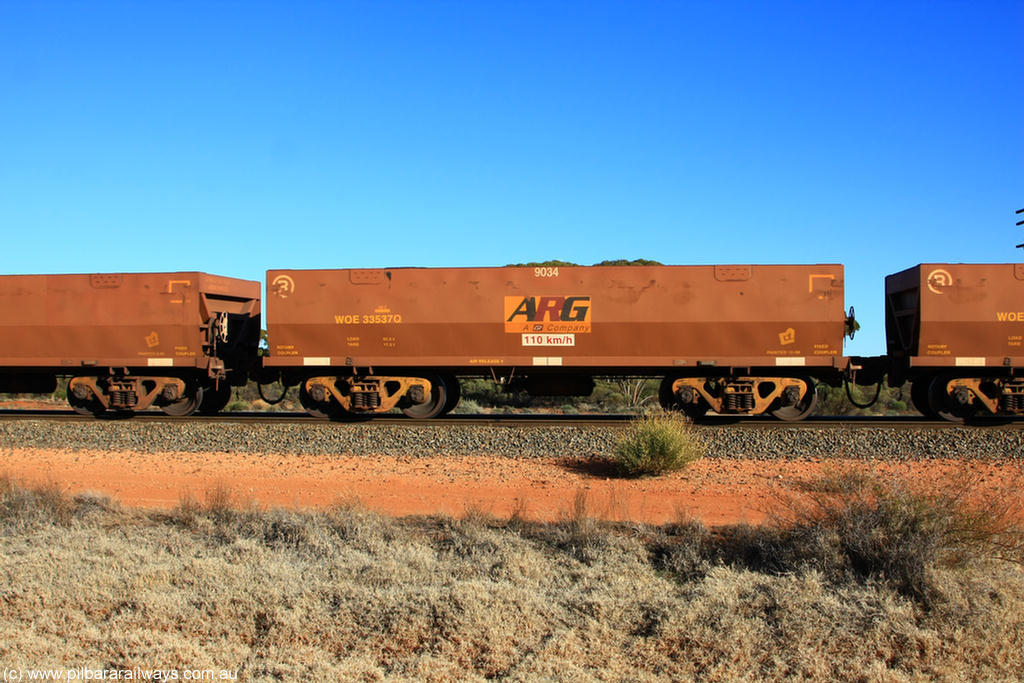 100731 02446
WOE type iron ore waggon WOE 33537 is one of a batch of one hundred and twenty eight built by United Group Rail WA between August 2008 and March 2009 with serial number 950211-077 and fleet number 9034 for Koolyanobbing iron ore operations, on empty train 6418 at Binduli Triangle, 31st July 2010.
Keywords: WOE-type;WOE33537;United-Group-Rail-WA;950211-077;