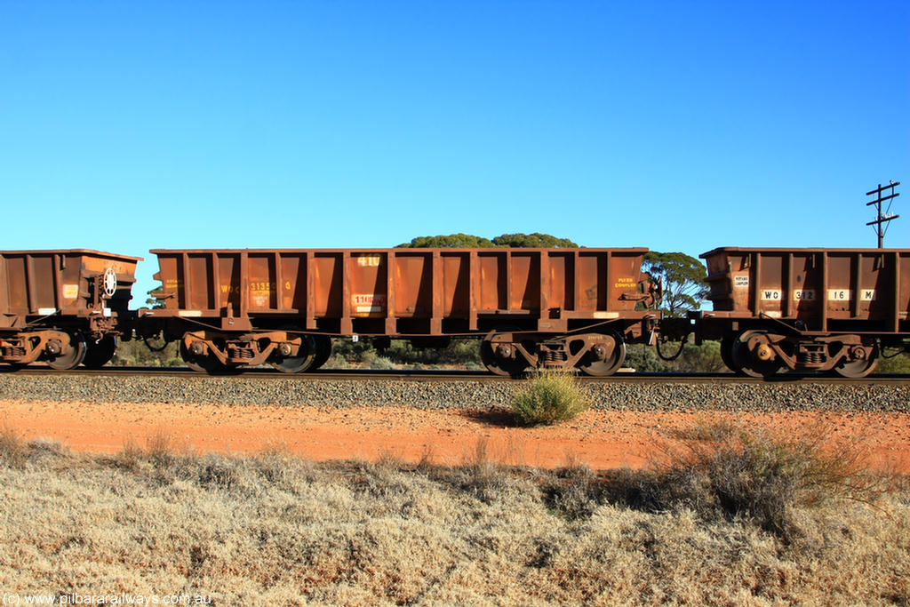 100731 02451
WOC type iron ore waggon WOC 31350 is one of a batch of thirty built by Goninan WA between October 1997 to January 1998 with fleet number 410 for Koolyanobbing iron ore operations with a 75 ton capacity, on empty train 6418 at Binduli Triangle, 31st July 2010.
Keywords: WOC-type;WOC31350;Goninan-WA;