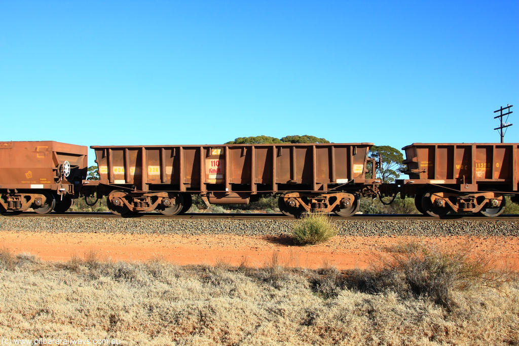 100731 02452
WOA type iron ore waggon WOA 31322 is one of a batch of thirty nine built by WAGR Midland Workshops between 1970 and 1971 with fleet number 210 for Koolyanobbing iron ore operations, with a 75 ton and 1018 ft³ capacity, on empty train 6418 at Binduli Triangle, 31st July 2010.
Keywords: WOA-type;WOA31322;WAGR-Midland-WS;