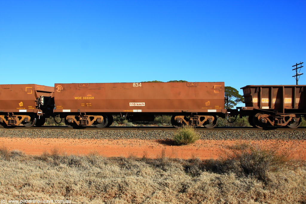 100731 02453
WOE type iron ore waggon WOE 33335 is one of a batch of one hundred and forty one built by United Goninan WA between November 2005 and April 2006 with serial number 950142-040 and fleet number 834 for Koolyanobbing iron ore operations, on empty train 6418 at Binduli Triangle, 31st July 2010.
Keywords: WOE-type;WOE33335;United-Goninan-WA;950142-040;