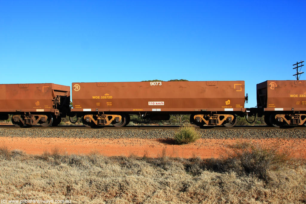 100731 02454
WOE type iron ore waggon WOE 33572 is one of a batch of one hundred and twenty eight built by United Group Rail WA between August 2008 and March 2009 with serial number 950211-112 and fleet number 9073 for Koolyanobbing iron ore operations, on empty train 6418 at Binduli Triangle, 31st July 2010.
Keywords: WOE-type;WOE33572;United-Group-Rail-WA;950211-112;