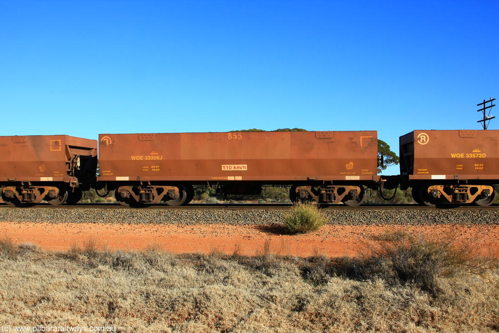 100731 02455
WOE type iron ore waggon WOE 33356 is one of a batch of one hundred and forty one built by United Goninan WA between November 2005 and April 2006 with serial number 950142-061 and fleet number 855 for Koolyanobbing iron ore operations, on empty train 6418 at Binduli Triangle, 31st July 2010.
Keywords: WOE-type;WOE33356;United-Goninan-WA;950142-061;