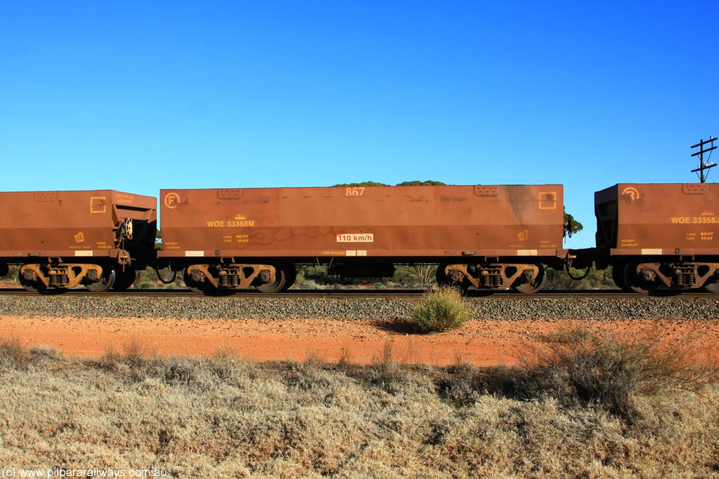 100731 02456
WOE type iron ore waggon WOE 33368 is one of a batch of one hundred and forty one built by United Goninan WA between November 2005 and April 2006 with serial number 950142-073 and fleet number 867 for Koolyanobbing iron ore operations, on empty train 6418 at Binduli Triangle, 31st July 2010.
Keywords: WOE-type;WOE33368;United-Goninan-WA;950142-073;