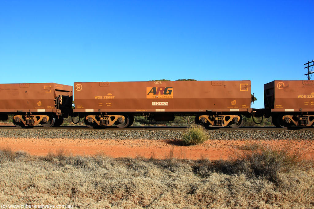 100731 02457
WOE type iron ore waggon WOE 33588 final one of a batch of one hundred and twenty eight built by United Group Rail WA between August 2008 and March 2009 with serial number 950211-128 and fleet number 9078 for Koolyanobbing iron ore operations, on empty train 6418 at Binduli Triangle, 31st July 2010.
Keywords: WOE-type;WOE33588;United-Group-Rail-WA;950211-128;