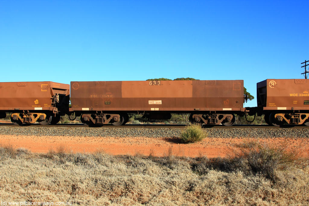 100731 02459
WOE type iron ore waggon WOE 30291 is one of a batch of one hundred and thirty built by Goninan WA between March and August 2001 with serial number 950092-041 and fleet number 633 for Koolyanobbing iron ore operations, on empty train 6418 at Binduli Triangle, 31st July 2010.
Keywords: WOE-type;WOE30291;Goninan-WA;950092-041;