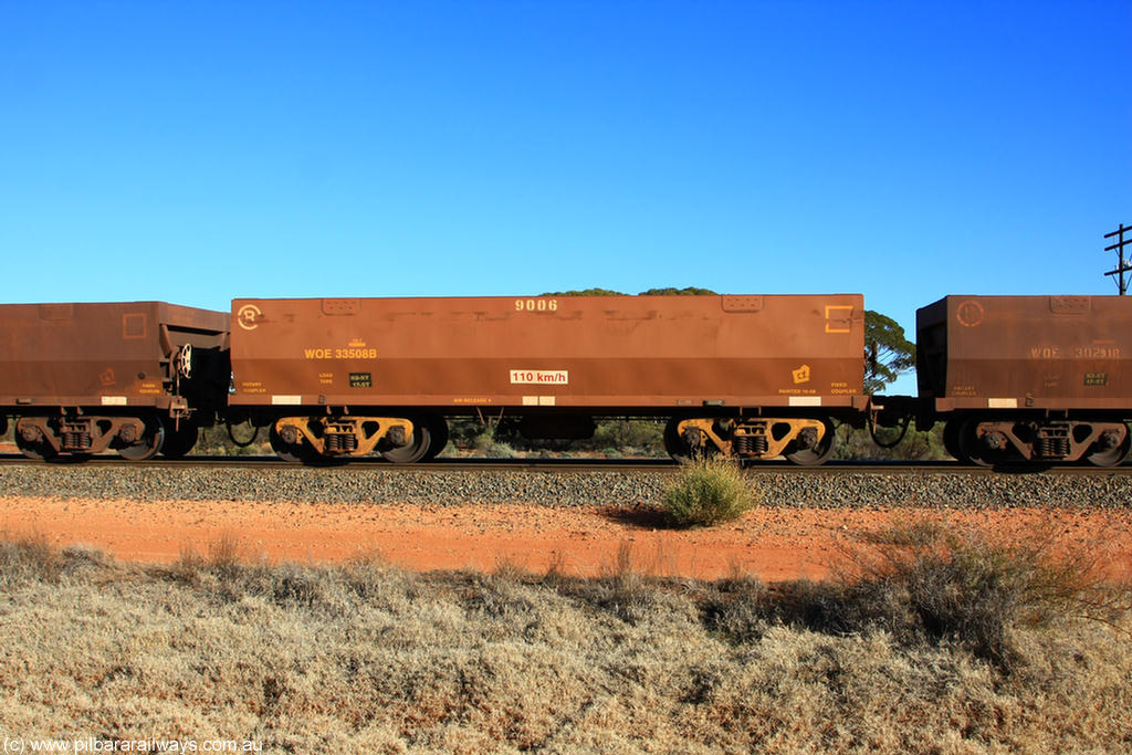 100731 02460
WOE type iron ore waggon WOE 33508 is one of a batch of one hundred and twenty eight built by United Group Rail WA between August 2008 and March 2009 with serial number 950211-048 and fleet number 9006 for Koolyanobbing iron ore operations, on empty train 6418 at Binduli Triangle, 31st July 2010.
Keywords: WOE-type;WOE33508;United-Group-Rail-WA;950211-048;