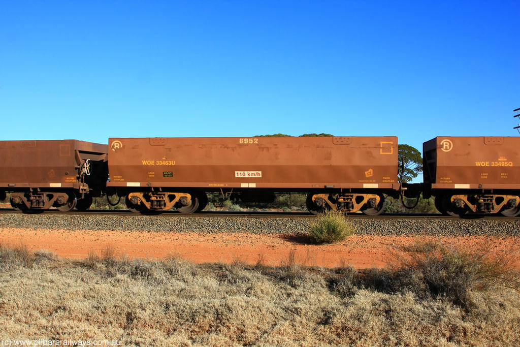 100731 02467
WOE type iron ore waggon WOE 33463 is one of a batch of one hundred and twenty eight built by United Group Rail WA between August 2008 and March 2009 with serial number 950211-005 and fleet number 8952 for Koolyanobbing iron ore operations, on empty train 6418 at Binduli Triangle, 31st July 2010.
Keywords: WOE-type;WOE33463;United-Group-Rail-WA;950211-005;