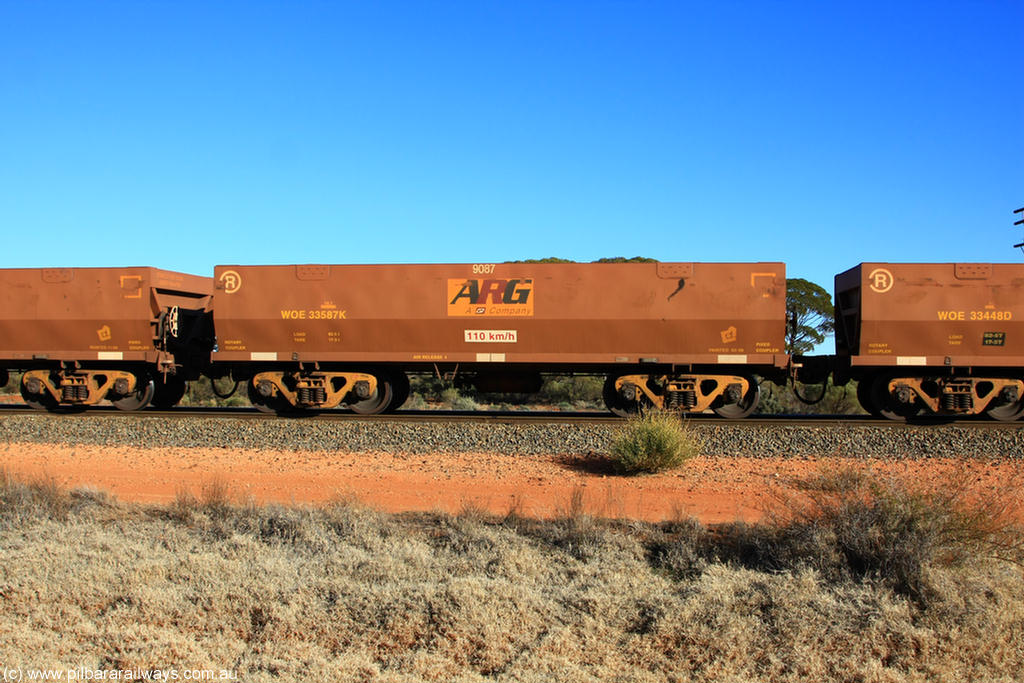 100731 02473
WOE type iron ore waggon WOE 33587 is one of a batch of one hundred and twenty eight built by United Group Rail WA between August 2008 and March 2009 with serial number 950211-127 and fleet number 9087 for Koolyanobbing iron ore operations, on empty train 6418 at Binduli Triangle, 31st July 2010.
Keywords: WOE-type;WOE33587;United-Group-Rail-WA;950211-127;