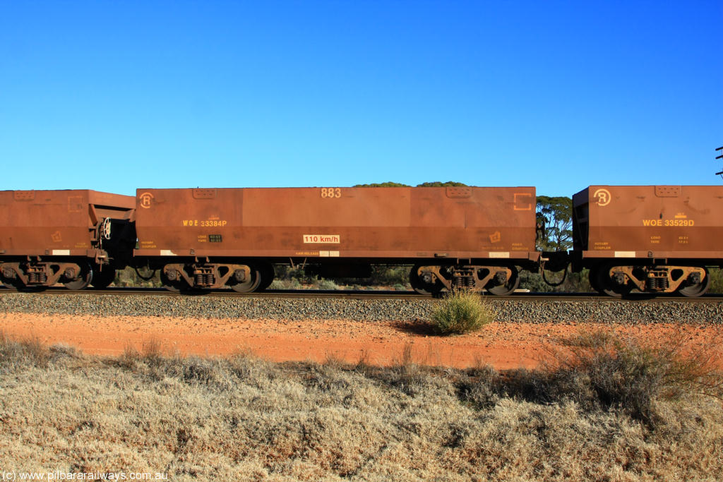 100731 02475
WOE type iron ore waggon WOE 33384 is one of a batch of one hundred and forty one built by United Group Rail WA between November 2005 and April 2006 with serial number 950142-089 and fleet number 883 for Koolyanobbing iron ore operations, on empty train 6418 at Binduli Triangle, 31st July 2010.
Keywords: WOE-type;WOE33384;United-Group-Rail-WA;950142-089;