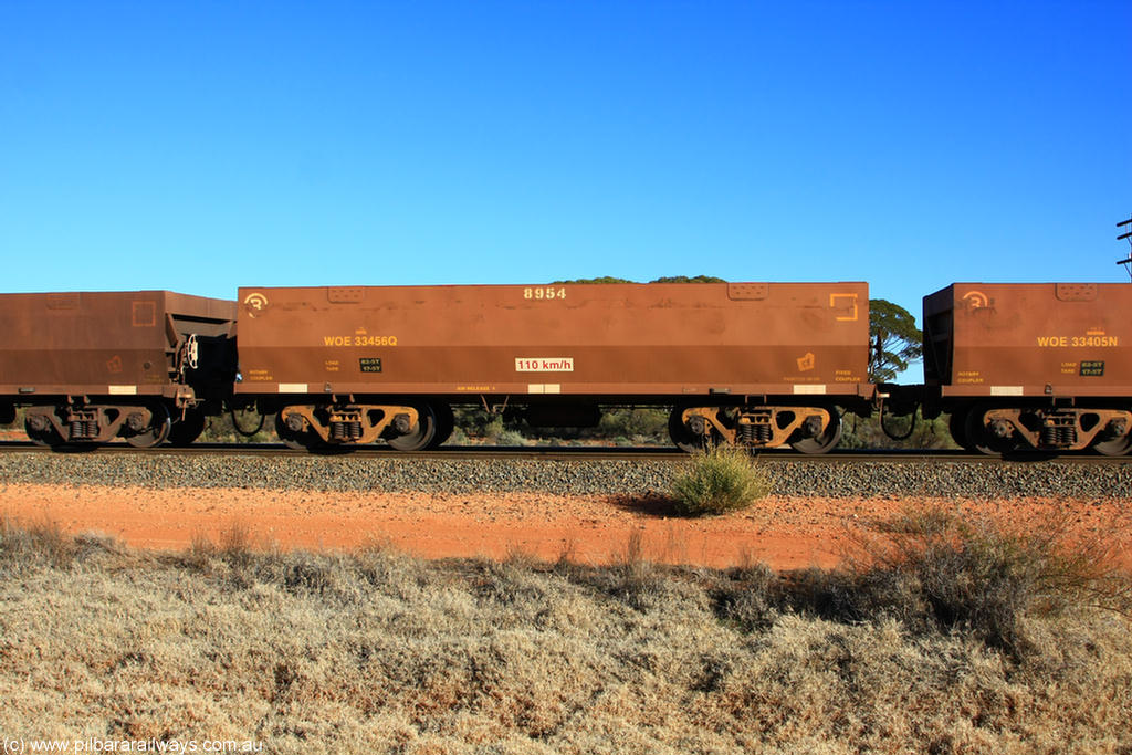 100731 02478
WOE type iron ore waggon WOE 33456 is one of a batch of five built by United Group Rail WA between August and September 2008 with serial number 950210-003 and fleet number 8954 for Koolyanobbing iron ore operations, on empty train 6418 at Binduli Triangle, 31st July 2010.
Keywords: WOE-type;WOE33456;United-Group-Rail-WA;950210-003;
