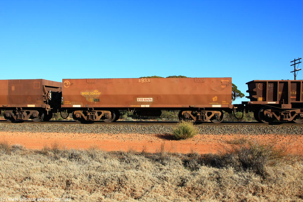 100731 02481
WOE type iron ore waggon WOE 33434 is one of a batch of one hundred and forty one built by United Group Rail WA between November 2005 and April 2006 with serial number 950142-139 and fleet number 8933 for Koolyanobbing iron ore operations, on empty train 6418 at Binduli Triangle, 31st July 2010.
Keywords: WOE-type;WOE33434;United-Group-Rail-WA;950142-139;