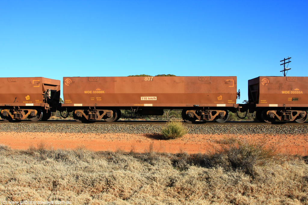 100731 02486
WOE type iron ore waggon WOE 33308 is one of a batch of one hundred and forty one built by United Goninan WA between November 2005 and April 2006 with serial number 950142-013 and fleet number 807 for Koolyanobbing iron ore operations, on empty train 6418 at Binduli Triangle, 31st July 2010.
Keywords: WOE-type;WOE33308;United-Goninan-WA;950142-013;