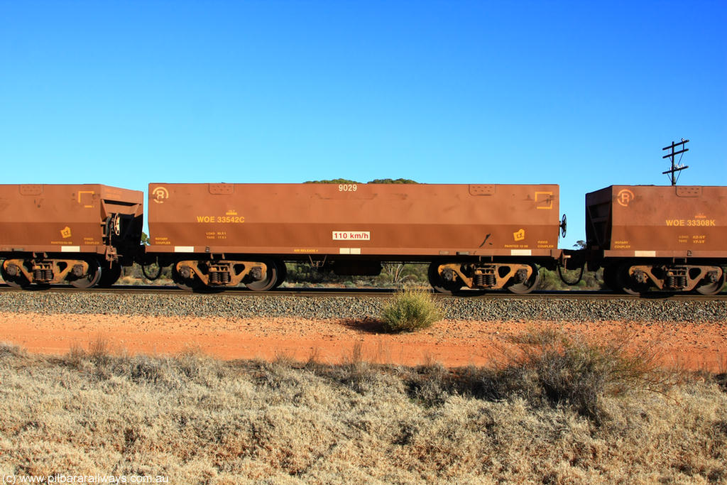 100731 02487
WOE type iron ore waggon WOE 33542 is one of a batch of one hundred and twenty eight built by United Group Rail WA between August 2008 and March 2009 with serial number 950211-082 and fleet number 9029 for Koolyanobbing iron ore operations, on empty train 6418 at Binduli Triangle, 31st July 2010.
Keywords: WOE-type;WOE33542;United-Group-Rail-WA;950211-082;