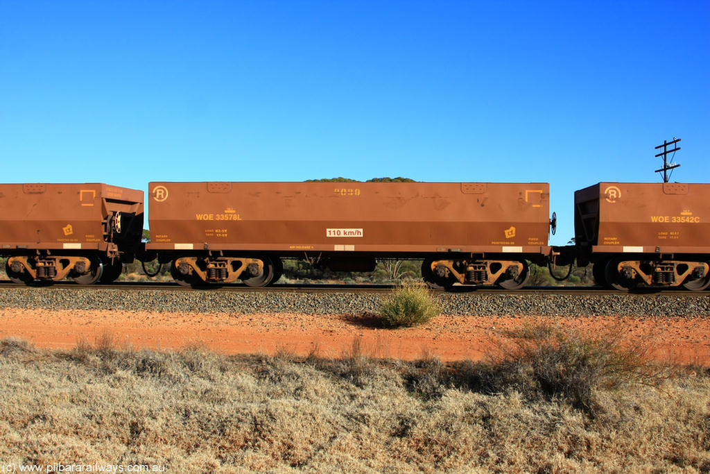 100731 02488
WOE type iron ore waggon WOE 33578 is one of a batch of one hundred and twenty eight built by United Group Rail WA between August 2008 and March 2009 with serial number 950211-118 and fleet number 9080 for Koolyanobbing iron ore operations, on empty train 6418 at Binduli Triangle, 31st July 2010.
Keywords: WOE-type;WOE33578;United-Group-Rail-WA;950211-118;