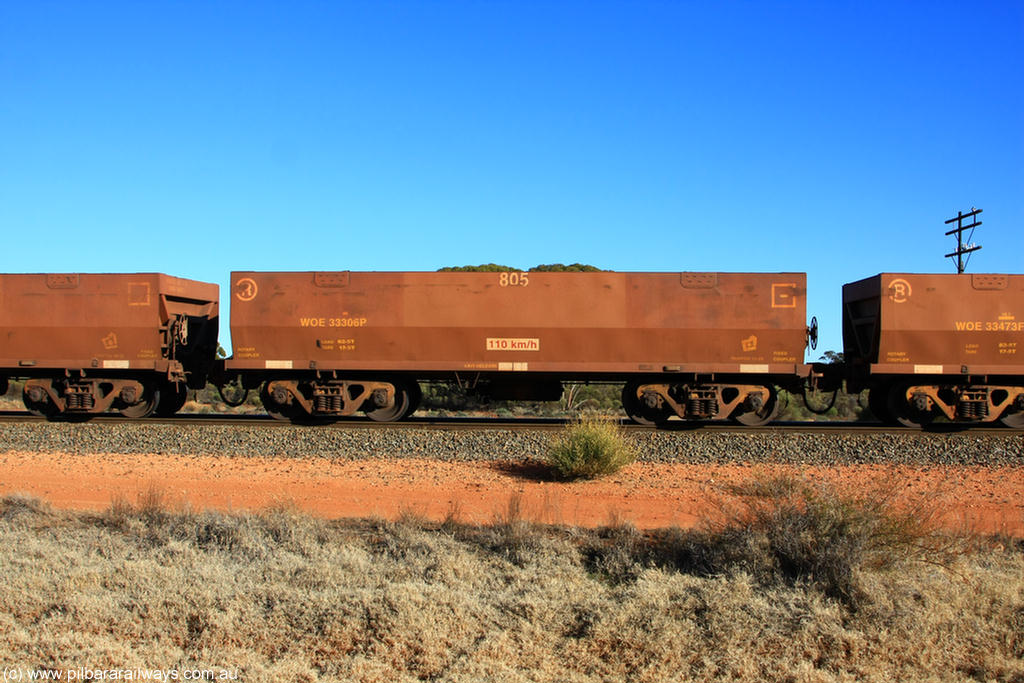 100731 02490
WOE type iron ore waggon WOE 33306 is one of a batch of one hundred and forty one built by United Goninan WA between November 2005 and April 2006 with serial number 950142-011 and fleet number 805 for Koolyanobbing iron ore operations, on empty train 6418 at Binduli Triangle, 31st July 2010.
Keywords: WOE-type;WOE33306;United-Goninan-WA;950142-011;