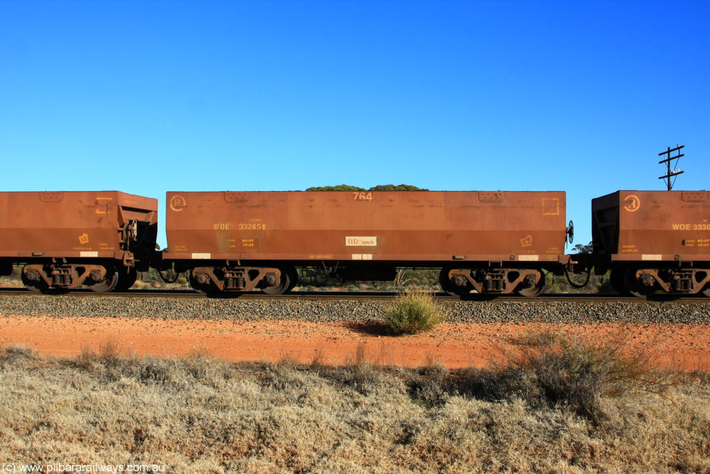 100731 02491
WOE type iron ore waggon WOE 33265 is one of a batch of thirty five built by Goninan WA between January and April 2005 with serial number 950104-005 and fleet number 764 for Koolyanobbing iron ore operations, on empty train 6418 at Binduli Triangle, 31st July 2010.
Keywords: WOE-type;WOE33265;Goninan-WA;950104-005;