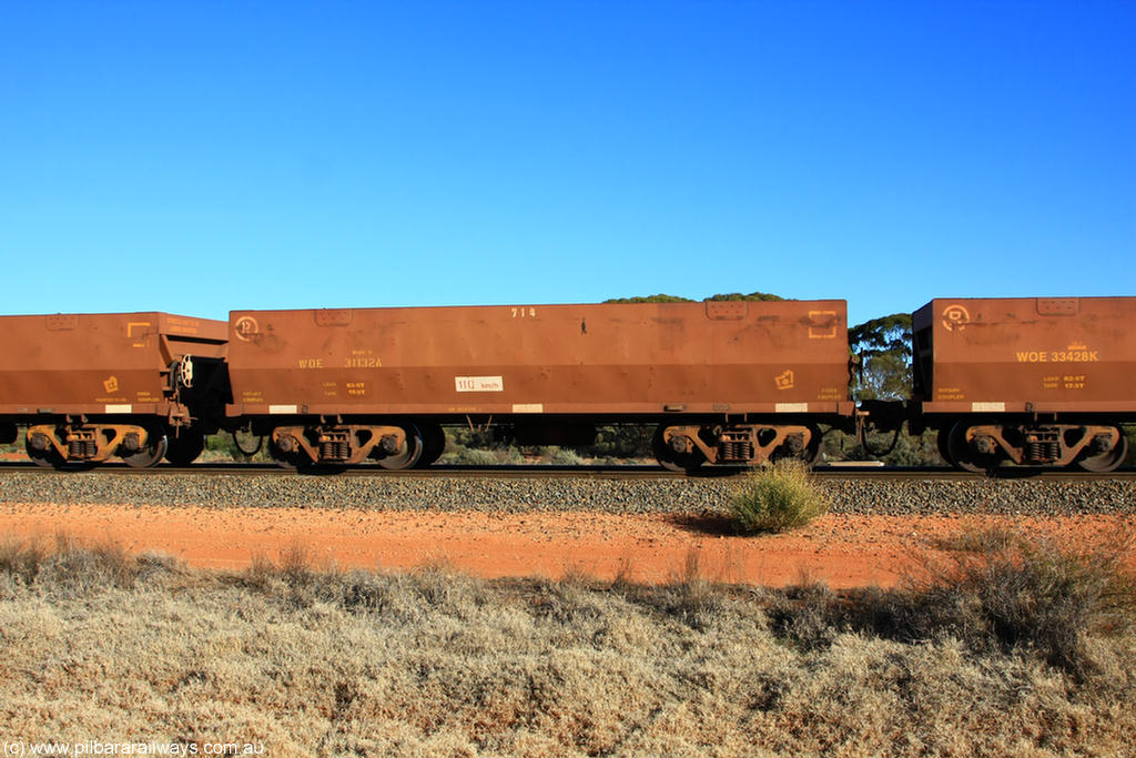 100731 02493
WOE type iron ore waggon WOE 31132 is one of a batch of one hundred and thirty built by Goninan WA between March and August 2001 with serial number 950092-122 and fleet number 714 for Koolyanobbing iron ore operations, on empty train 6418 at Binduli Triangle, 31st July 2010.
Keywords: WOE-type;WOE31132;Goninan-WA;950092-122;