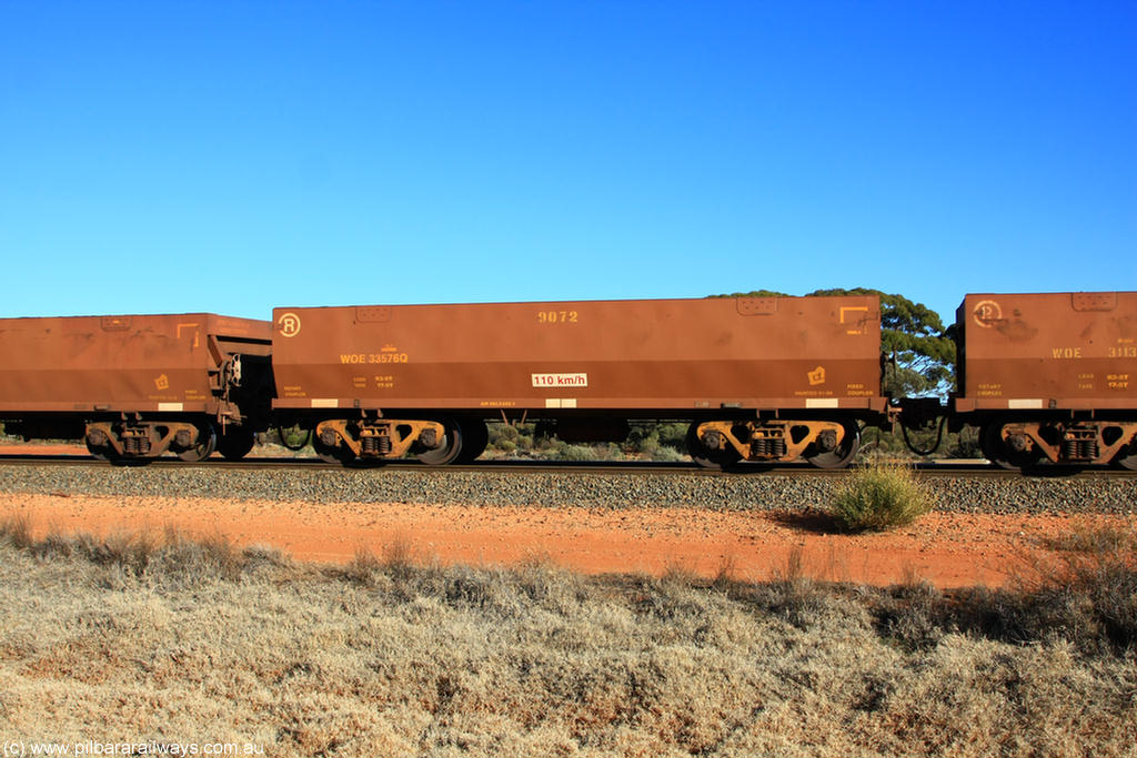 100731 02494
WOE type iron ore waggon WOE 33576 is one of a batch of one hundred and twenty eight built by United Group Rail WA between August 2008 and March 2009 with serial number 950211-116 and fleet number 9072 for Koolyanobbing iron ore operations, on empty train 6418 at Binduli Triangle, 31st July 2010.
Keywords: WOE-type;WOE33576;United-Group-Rail-WA;950211-116;