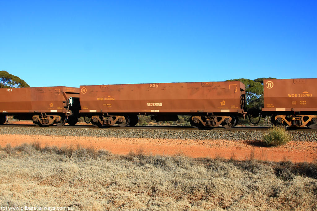 100731 02495
WOE type iron ore waggon WOE 33336 is one of a batch of one hundred and forty one built by United Goninan WA between November 2005 and April 2006 with serial number 950142-041 and fleet number 835 for Koolyanobbing iron ore operations, on empty train 6418 at Binduli Triangle, 31st July 2010.
Keywords: WOE-type;WOE33336;United-Goninan-WA;950142-041;