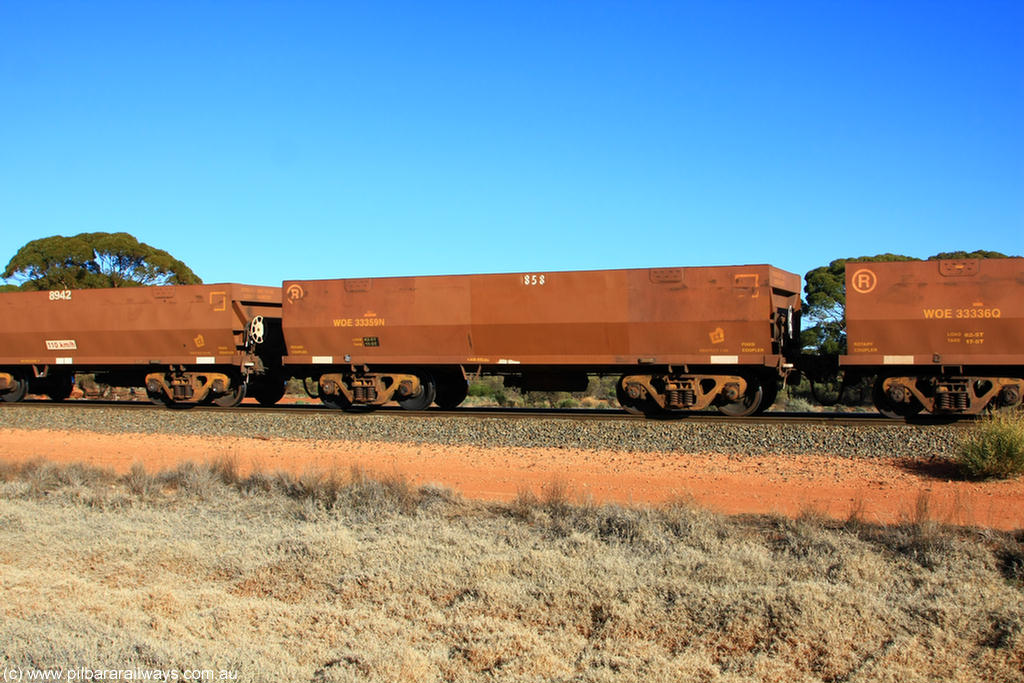 100731 02496
WOE type iron ore waggon WOE 33359 is one of a batch of one hundred and forty one built by United Goninan WA between November 2005 and April 2006 with serial number 950142-064 and fleet number 858 for Koolyanobbing iron ore operations, on empty train 6418 at Binduli Triangle, 31st July 2010.
Keywords: WOE-type;WOE33359;United-Goninan-WA;950142-064;