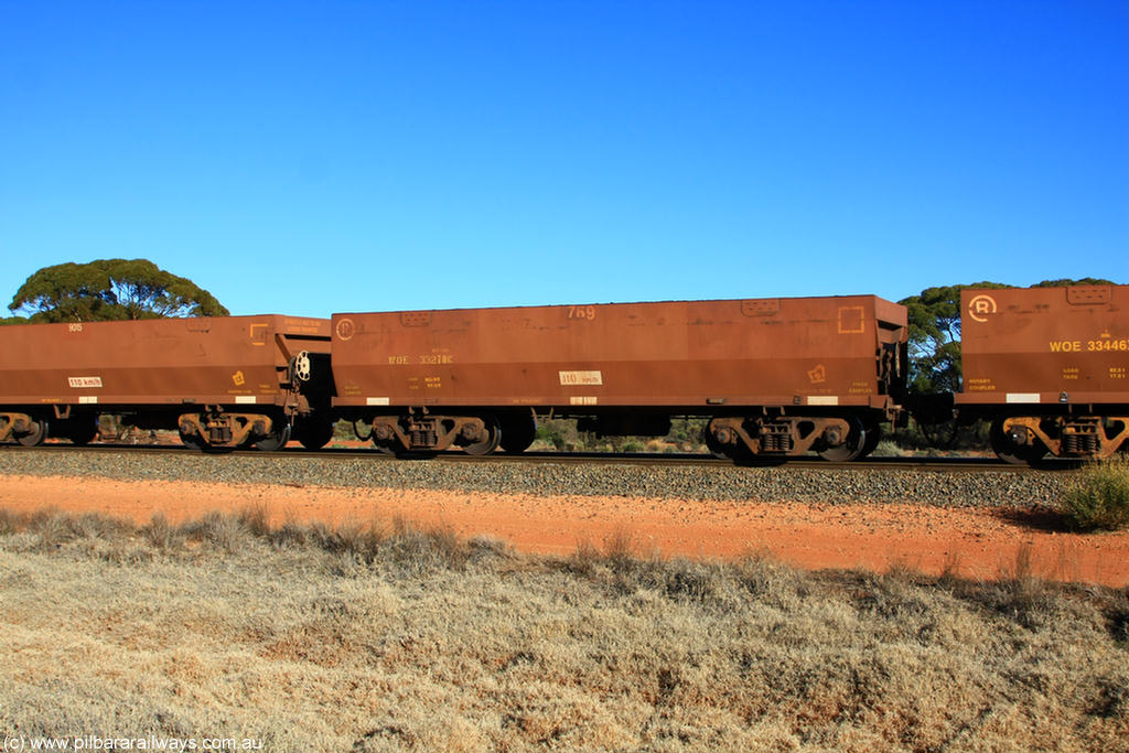 100731 02498
WOE type iron ore waggon WOE 33270 is one of a batch of thirty five built by Goninan WA between January and April 2005 with serial number 950104-010 and fleet number 769 for Koolyanobbing iron ore operations, on empty train 6418 at Binduli Triangle, 31st July 2010.
Keywords: WOE-type;WOE33270;Goninan-WA;950104-010;