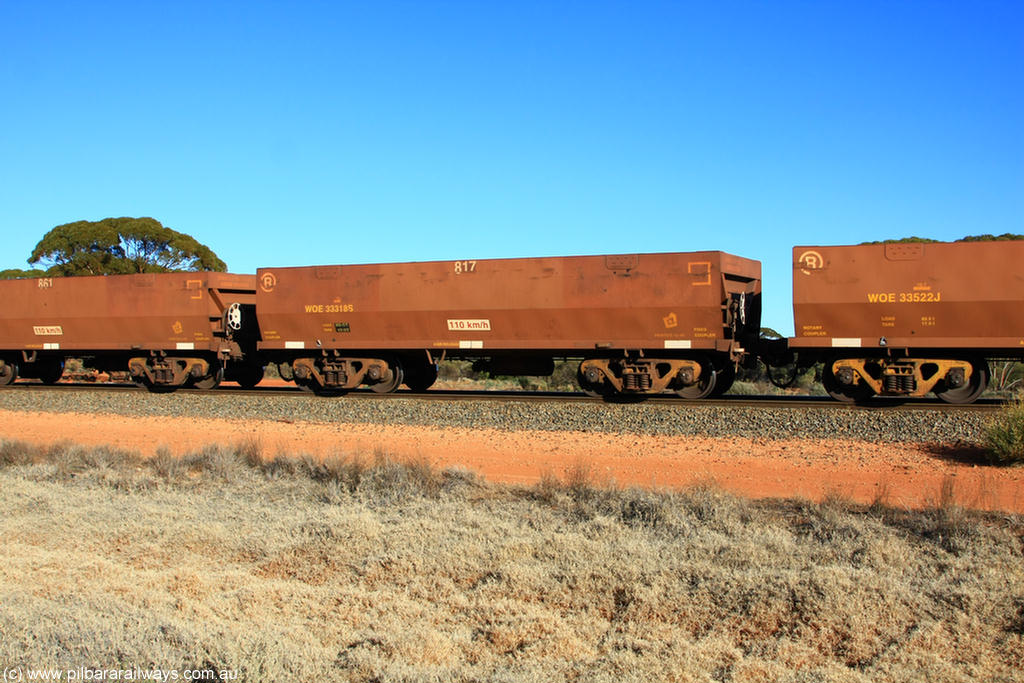 100731 02511
WOE type iron ore waggon WOE 33318 is one of a batch of one hundred and forty one built by United Goninan WA between November 2005 and April 2006 with serial number 950142-023 and fleet number 817 for Koolyanobbing iron ore operations, on empty train 6418 at Binduli Triangle, 31st July 2010.
Keywords: WOE-type;WOE33318;United-Goninan-WA;950142-023;