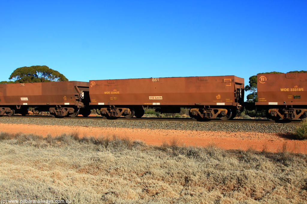100731 02512
WOE type iron ore waggon WOE 33362 is one of a batch of one hundred and forty one built by United Goninan WA between November 2005 and April 2006 with serial number 950142-067 and fleet number 861 for Koolyanobbing iron ore operations, on empty train 6418 at Binduli Triangle, 31st July 2010.
Keywords: WOE-type;WOE33362;United-Goninan-WA;950142-067;
