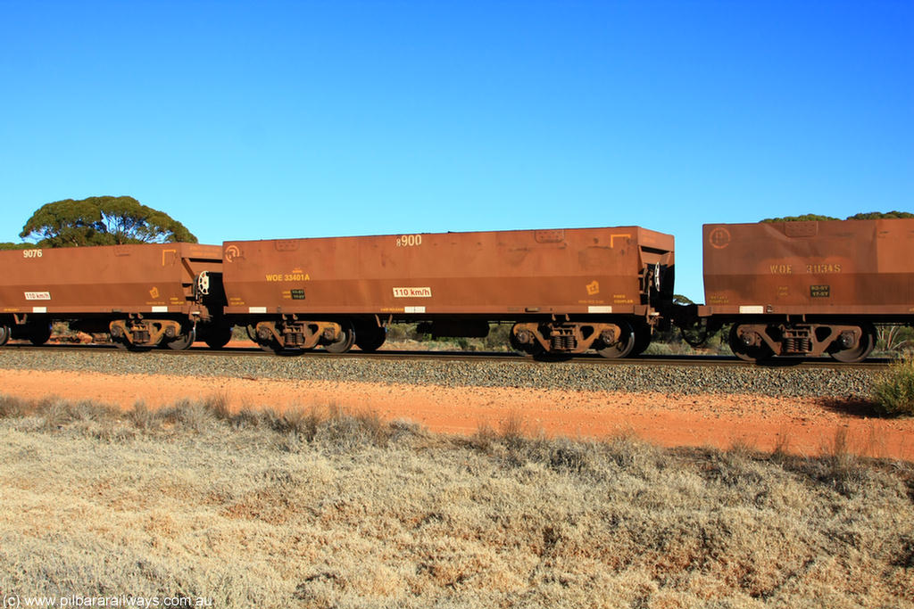 100731 02514
WOE type iron ore waggon WOE 33401 is one of a batch of one hundred and forty one built by United Group Rail WA between November 2005 and April 2006 with serial number 950142-106 and fleet number 8900 for Koolyanobbing iron ore operations, on empty train 6418 at Binduli Triangle, 31st July 2010.
Keywords: WOE-type;WOE33401;United-Group-Rail-WA;950142-106;