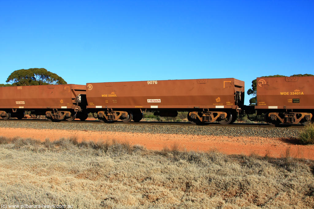 100731 02515
WOE type iron ore waggon WOE 33582 is one of a batch of one hundred and twenty eight built by United Group Rail WA between August 2008 and March 2009 with serial number 950211-122 and fleet number 9076 for Koolyanobbing iron ore operations, on empty train 6418 at Binduli Triangle, 31st July 2010.
Keywords: WOE-type;WOE33582;United-Group-Rail-WA;950211-122;