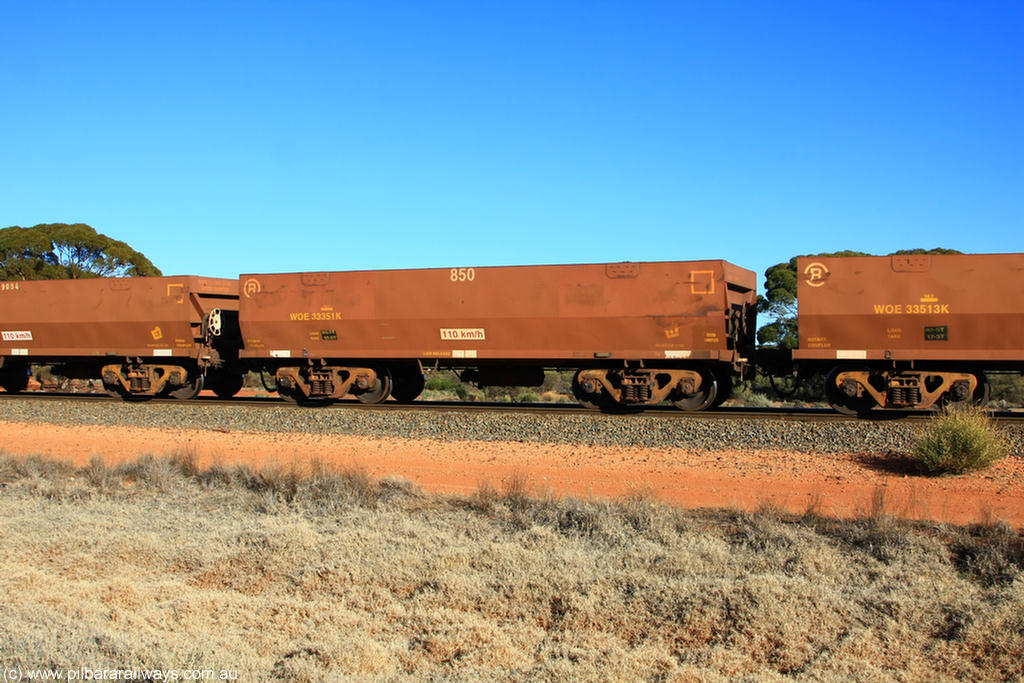 100731 02520
WOE type iron ore waggon WOE 33351 is one of a batch of one hundred and forty one built by United Goninan WA between November 2005 and April 2006 with serial number 950142-056 and fleet number 850 for Koolyanobbing iron ore operations, on empty train 6418 at Binduli Triangle, 31st July 2010.
Keywords: WOE-type;WOE33351;United-Goninan-WA;950142-056;