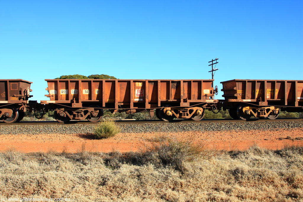 100731 02528
WO type iron ore waggon WO 31214 is one of a batch of sixty two built by Goninan WA between April and August 2000 with serial number 950086-002 and fleet number 110 for Koolyanobbing iron ore operations, and is a Goninan built replacement WO type waggon that replaces the original WAGR built WO type waggon with a WOD type with square features opposed to the curved ones as on the original WO, on empty train 6418 at Binduli Triangle, 31st July 2010.
Keywords: WO-type;WO31214;Goninan-WA;950086-002;
