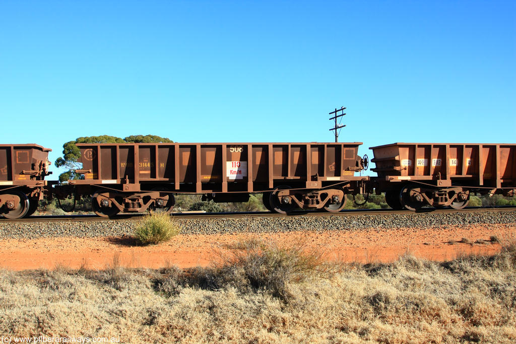 100731 02529
WOD type iron ore waggon WOD 31445 is one of a batch of sixty two built by Goninan WA between April and August 2000 with serial number 950086-017 and fleet number 508 for Koolyanobbing iron ore operations with a 75 ton capacity for Portman Mining to cart their Koolyanobbing iron ore to Esperance, now with PORTMAN painted out, on empty train 6418 at Binduli Triangle, 31st July 2010.
Keywords: WOD-type;WOD31445;Goninan-WA;950086-018;