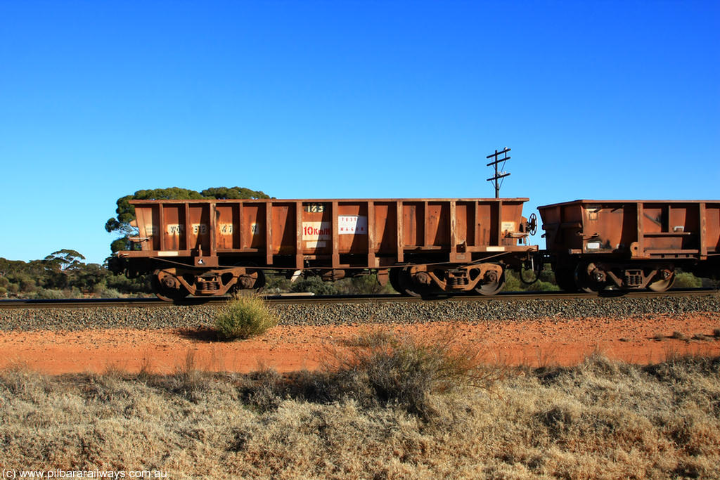 100731 02541
WO type iron ore waggon WO 31247 is one of a batch of sixty two built by Goninan WA between April and August 2000 with serial number 950086-008 and fleet number 138 for Koolyanobbing iron ore operations, TEST WAGGON, and is a Goninan built replacement WO type waggon that replaces the original WAGR built WO type waggon with the newer style WOD type and has square features opposed to the curved ones as on the original WO class, on empty train 6418 at Binduli Triangle, 31st July 2010.
Keywords: WO-type;WO31247;Goninan-WA;950086-008;