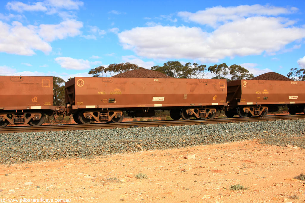 100731 02827
WOE type iron ore waggon WOE 33259 is one of a batch of twenty seven built by Goninan WA between September and October 2002 with serial number 950103-026 and fleet number 758 for Koolyanobbing iron ore operations, on loaded train 7415 at Binduli Triangle, 31st July 2010.
Keywords: WOE-type;WOE33259;Goninan-WA;950103-026;