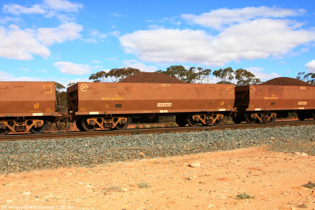 100731 02829
WOE type iron ore waggon WOE 33440 is one of a batch of seventeen built by United Group Rail WA between July and August 2008 with serial number 950209-004 and fleet number 8938 for Koolyanobbing iron ore operations, on loaded train 7415 at Binduli Triangle, 31st July 2010.
Keywords: WOE-type;WOE33440;United-Group-Rail-WA;950209-004;