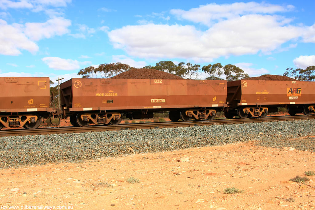 100731 02830
WOE type iron ore waggon WOE 33333 is one of a batch of one hundred and forty one built by United Goninan WA between November 2005 and April 2006 with serial number 950142-038 and fleet number 832 for Koolyanobbing iron ore operations, on loaded train 7415 at Binduli Triangle, 31st July 2010.
Keywords: WOE-type;WOE33333;United-Goninan-WA;950142-038;