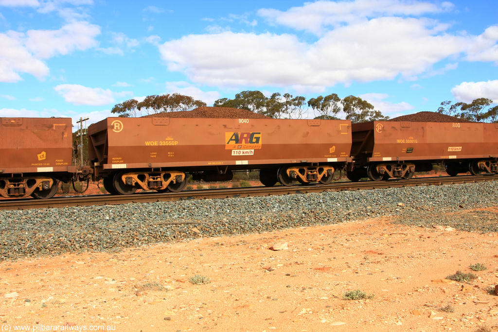 100731 02831
WOE type iron ore waggon WOE 33550 is one of a batch of one hundred and twenty eight built by United Group Rail WA between August 2008 and March 2009 with serial number 950211-090 and fleet number 9040 for Koolyanobbing iron ore operations, on loaded train 7415 at Binduli Triangle, 31st July 2010.
Keywords: WOE-type;WOE33550;United-Group-Rail-WA;950211-090;