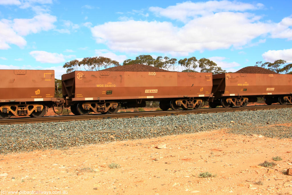 100731 02832
WOE type iron ore waggon WOE 33301 is one of a batch of one hundred and forty one built by United Goninan WA between November 2005 and April 2006 with serial number 950142-006 and fleet number 800 for Koolyanobbing iron ore operations, on loaded train 7415 at Binduli Triangle, 31st July 2010.
Keywords: WOE-type;WOE33301;United-Goninan-WA;950142-006;
