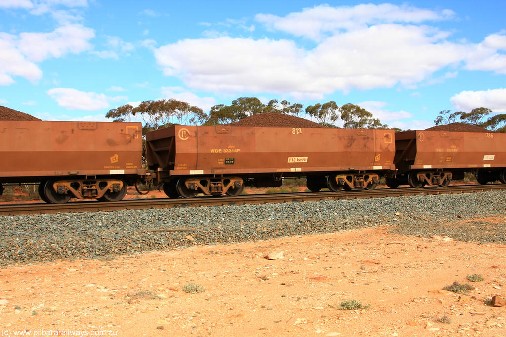 100731 02834
WOE type iron ore waggon WOE 33314 is one of a batch of one hundred and forty one built by United Goninan WA between November 2005 and April 2006 with serial number 950142-019 and fleet number 813 for Koolyanobbing iron ore operations, on loaded train 7415 at Binduli Triangle, 31st July 2010.
Keywords: WOE-type;WOE33314;United-Goninan-WA;950142-019;