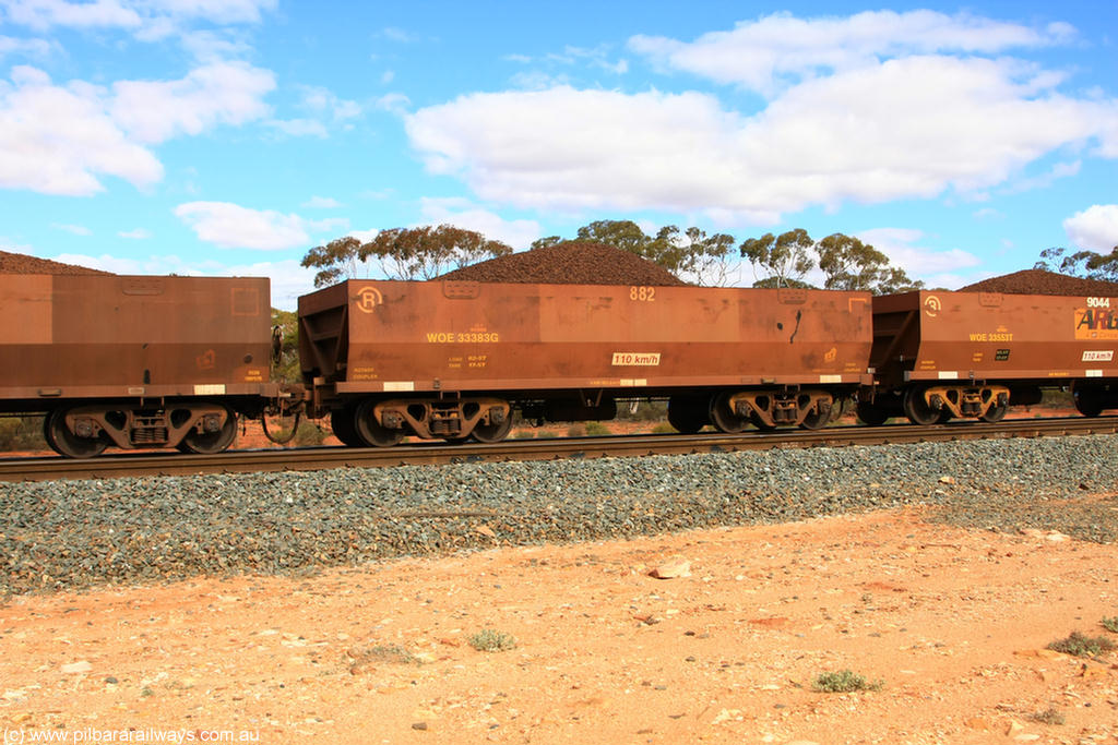 100731 02837
WOE type iron ore waggon WOE 33383 is one of a batch of one hundred and forty one built by United Group Rail WA between November 2005 and April 2006 with serial number 950142-088 and fleet number 882 for Koolyanobbing iron ore operations, on loaded train 7415 at Binduli Triangle, 31st July 2010.
Keywords: WOE-type;WOE33383;United-Group-Rail-WA;950142-088;