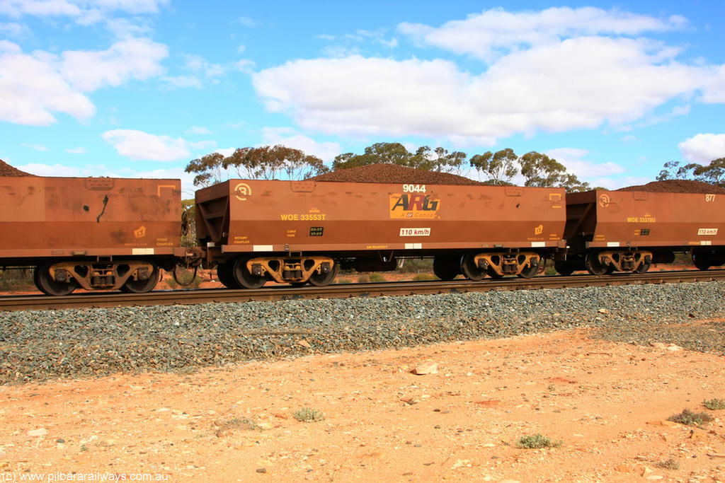 100731 02838
WOE type iron ore waggon WOE 33553 is one of a batch of one hundred and twenty eight built by United Group Rail WA between August 2008 and March 2009 with serial number 950211-093 and fleet number 9044 for Koolyanobbing iron ore operations, on loaded train 7415 at Binduli Triangle, 31st July 2010.
Keywords: WOE-type;WOE33553;United-Group-Rail-WA;950211-093;