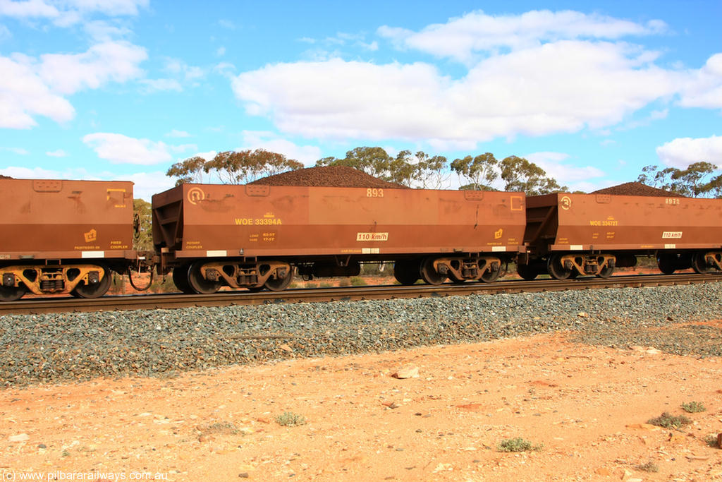 100731 02842
WOE type iron ore waggon WOE 33394 is one of a batch of one hundred and forty one built by United Group Rail WA between November 2005 and April 2006 with serial number 950142-099 and fleet number 893 for Koolyanobbing iron ore operations, on loaded train 7415 at Binduli Triangle, 31st July 2010.
Keywords: WOE-type;WOE33394;United-Group-Rail-WA;950142-099;