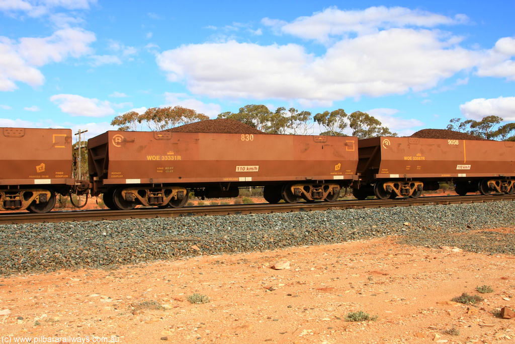 100731 02845
WOE type iron ore waggon WOE 33331 is one of a batch of one hundred and forty one built by United Goninan WA between November 2005 and April 2006 with serial number 950142-036 and fleet number 830 for Koolyanobbing iron ore operations, on loaded train 7415 at Binduli Triangle, 31st July 2010.
Keywords: WOE-type;WOE33331;United-Goninan-WA;950142-036;