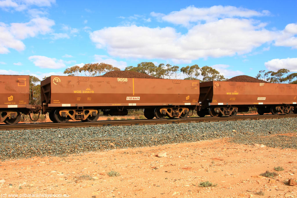 100731 02846
WOE type iron ore waggon WOE 33567 is one of a batch of one hundred and twenty eight built by United Group Rail WA between August 2008 and March 2009 with serial number 950211-107 and fleet number 9058 for Koolyanobbing iron ore operations, on loaded train 7415 at Binduli Triangle, 31st July 2010.
Keywords: WOE-type;WOE33567;United-Group-Rail-WA;950211-107;