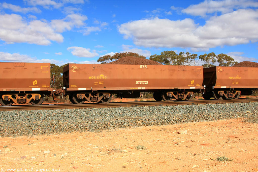 100731 02854
WOE type iron ore waggon WOE 33376 is one of a batch of one hundred and forty one built by United Goninan WA between November 2005 and April 2006 with serial number 950142-081 and fleet number 875 for Koolyanobbing iron ore operations, on loaded train 7415 at Binduli Triangle, 31st July 2010.
Keywords: WOE-type;WOE33376;United-Goninan-WA;950142-081;