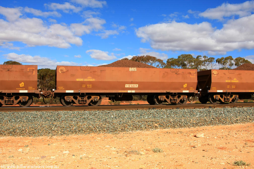 100731 02855
WOE type iron ore waggon WOE 33366 is one of a batch of one hundred and forty one built by United Goninan WA between November 2005 and April 2006 with serial number 950142-071 and fleet number 865 for Koolyanobbing iron ore operations, on loaded train 7415 at Binduli Triangle, 31st July 2010.
Keywords: WOE-type;WOE33366;United-Goninan-WA;950142-071;