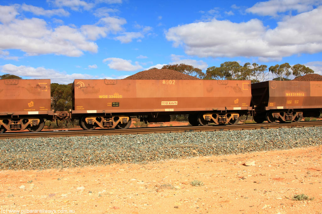100731 02860
WOE type iron ore waggon WOE 33403 is one of a batch of one hundred and forty one built by United Group Rail WA between November 2005 and April 2006 with serial number 950142-108 and fleet number 8902 for Koolyanobbing iron ore operations, on loaded train 7415 at Binduli Triangle, 31st July 2010.
Keywords: WOE-type;WOE33403;United-Group-Rail-WA;950142-108;