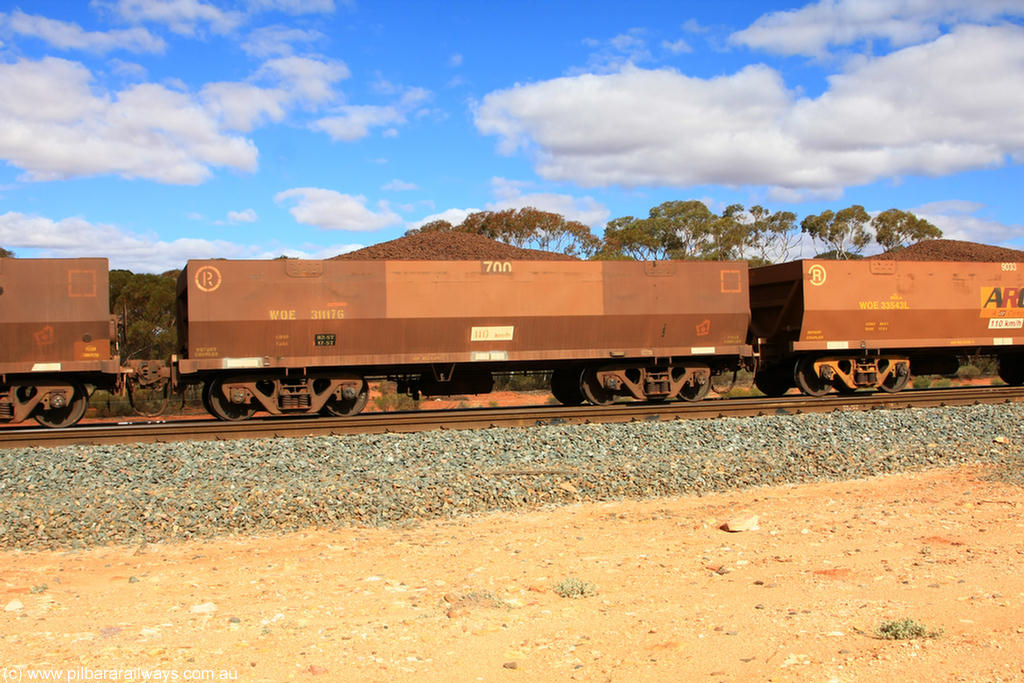 100731 02862
WOE type iron ore waggon WOE 31117 is one of a batch of one hundred and thirty built by Goninan WA between March and August 2001 with serial number 950092-107 and fleet number 700 for Koolyanobbing iron ore operations, on loaded train 7415 at Binduli Triangle, 31st July 2010.
Keywords: WOE-type;WOE31117;Goninan-WA;950092-107;