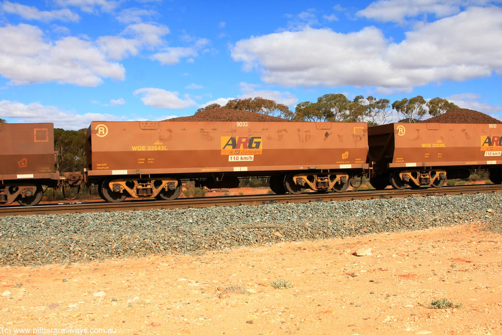 100731 02863
WOE type iron ore waggon WOE 33543 is one of a batch of one hundred and twenty eight built by United Group Rail WA between August 2008 and March 2009 with serial number 950211-083 and fleet number 9033 for Koolyanobbing iron ore operations, on loaded train 7415 at Binduli Triangle, 31st July 2010.
Keywords: WOE-type;WOE33543;United-Group-Rail-WA;950211-083;