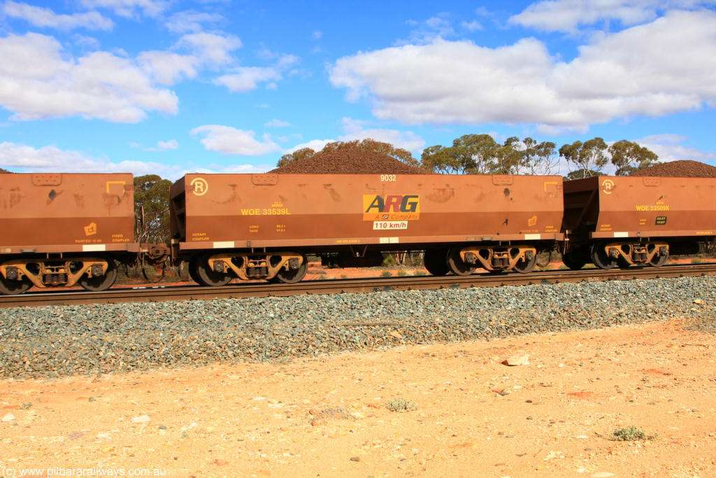 100731 02864
WOE type iron ore waggon WOE 33539 is one of a batch of one hundred and twenty eight built by United Group Rail WA between August 2008 and March 2009 with serial number 950211-079 and fleet number 9032 for Koolyanobbing iron ore operations, on loaded train 7415 at Binduli Triangle, 31st July 2010.
Keywords: WOE-type;WOE33539;United-Group-Rail-WA;950211-079;